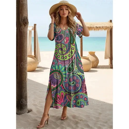 Imagen 2 del producto Vestidos multicolores con estampado de Cachemira para mujer, vestidos elegantes de talla grande, vestidos largos, ropa de verano para mujer, envío gratis