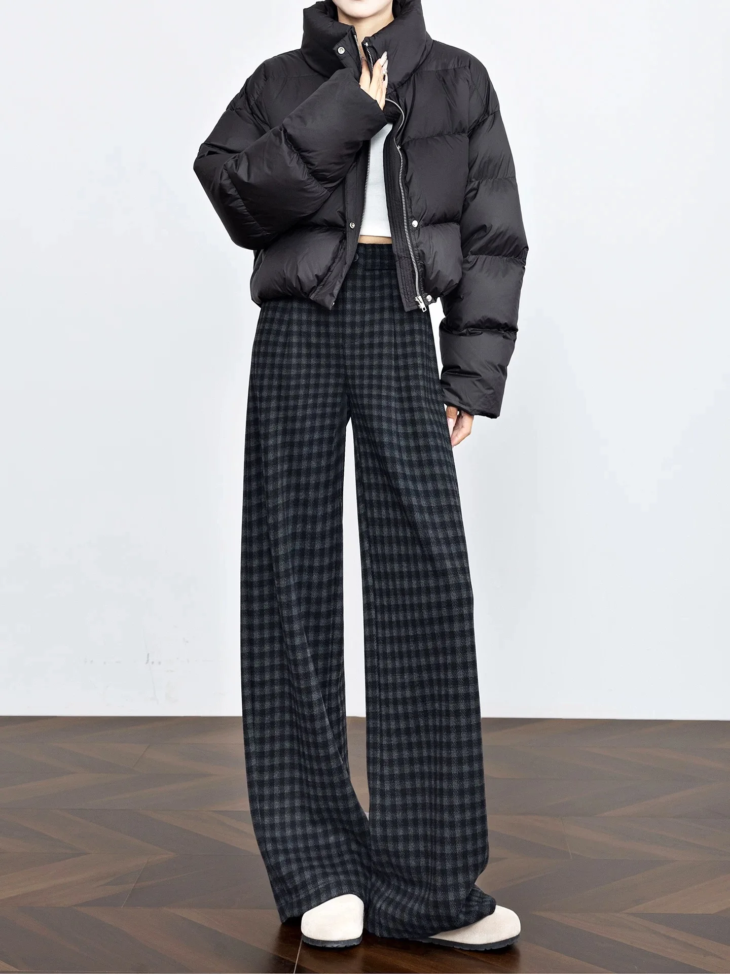 

Женские зимние брюки с высокой талией, широкими штанинами, в клетку, из шерстяной ткани, на флисовой подкладке, прямого кроя, повседневные, модель «Нож»