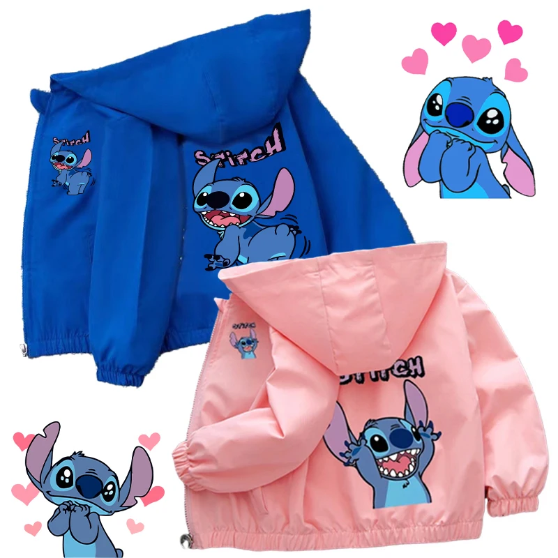 Lilo Stitch Cute Hooded Jacket Boys Girls Disney Anime Coat Kids Spring Autumn Outerwear Outdoor Sport Long Sleeve Clothes Gift