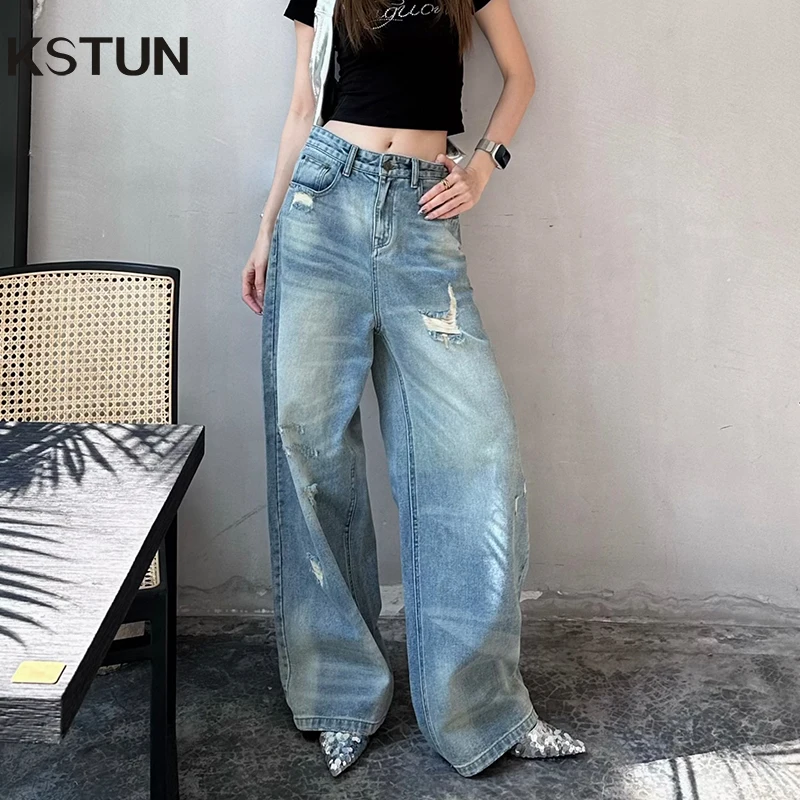 

KSTUN Women Distressed Jeans Wide Leg Vintage High Street Ripped Jeans Loose Womens Denim Pants Female Dragging Pant 2025 Summer