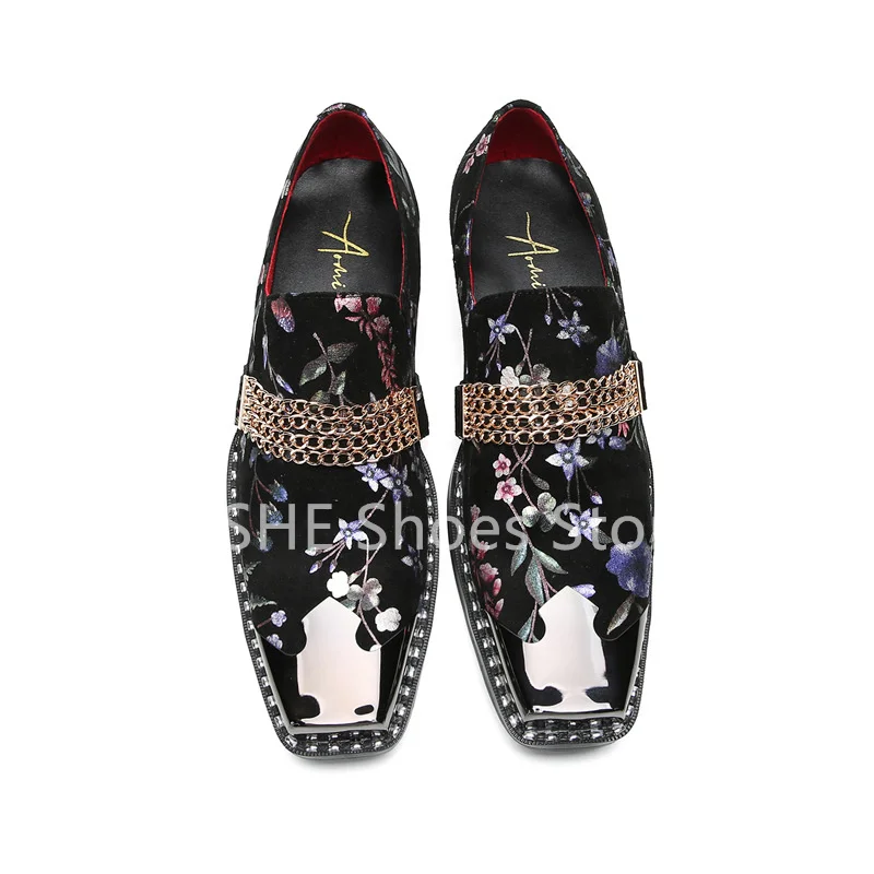 British Style Metal Square Toe Loafers for Men Colorful Print Chain Decor Oxfords Male Genuine Leather Leisure Derby Shoes