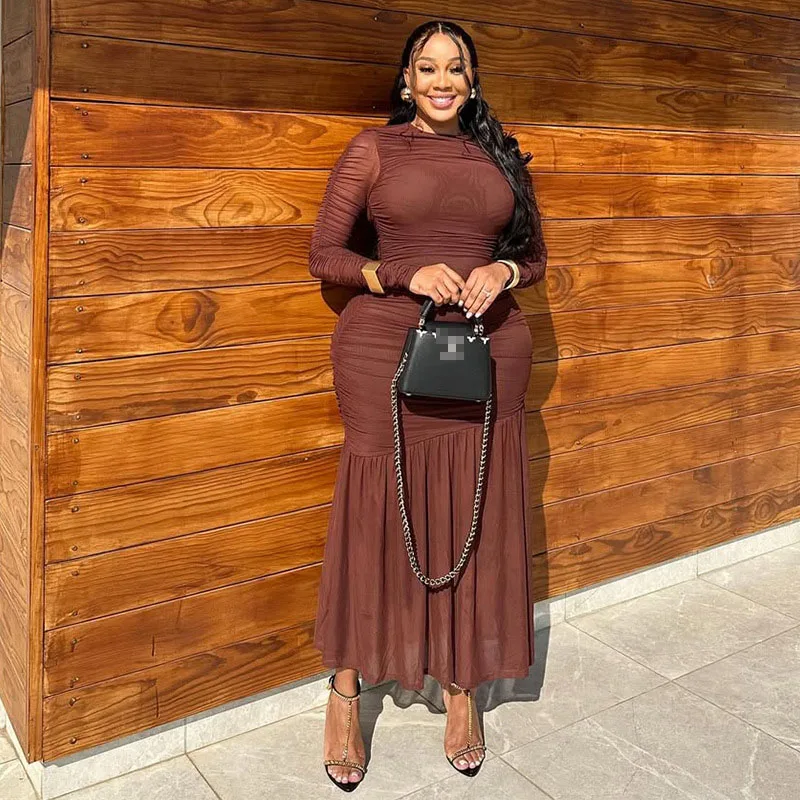 STIJLVOLLE DAME Gedrapeerde Geplooide Maxi Jurk 2025 Herfst Vrouwen Lange Mouw O Hals Bodycon Sexy Club Party Vestidos De Festa