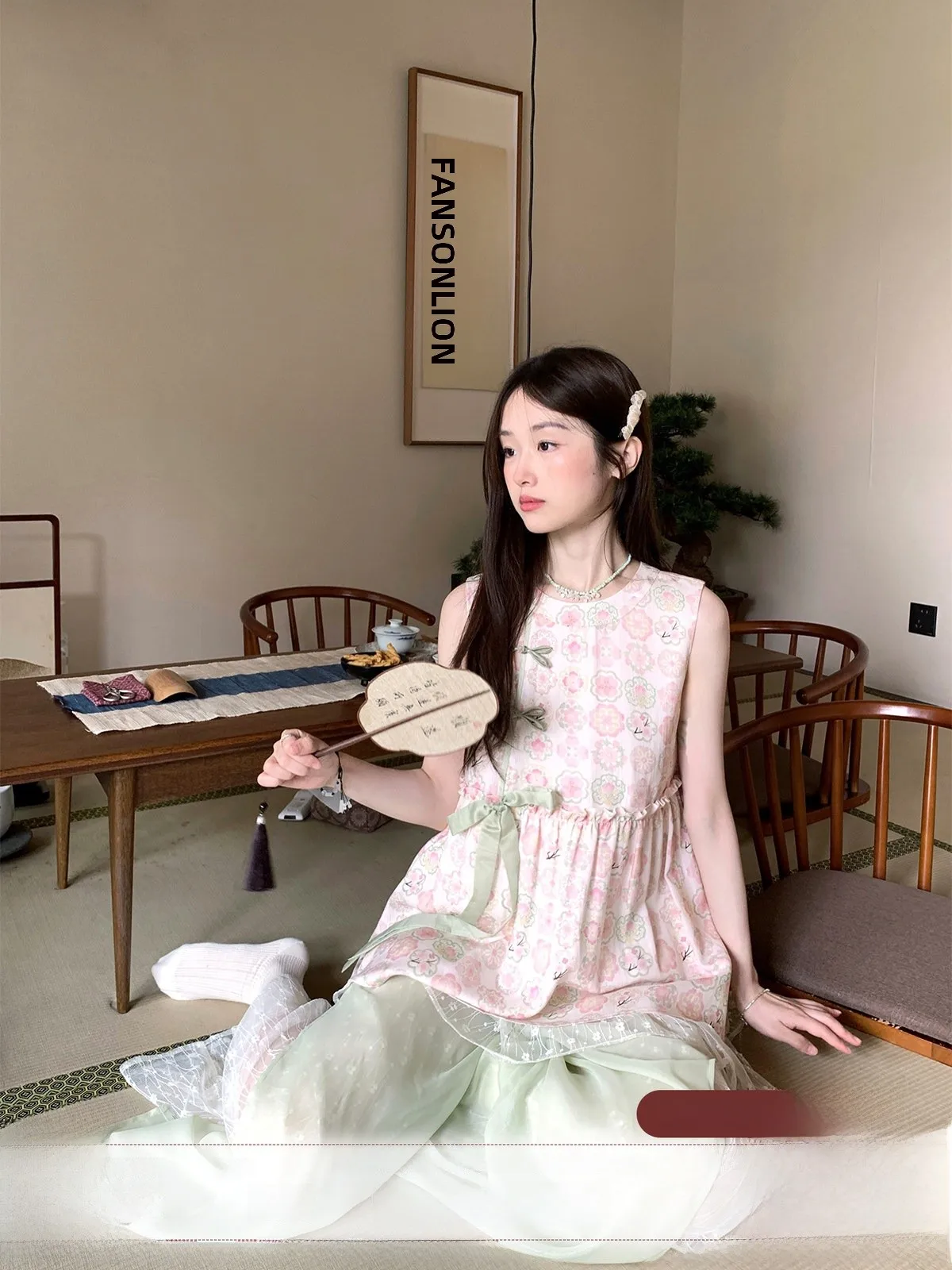 

Pink Floral Print Lace Trim Elastic Waist Vest And Long Pants Set Spring Festival Dinner Chinese Style Women's Fashion Set