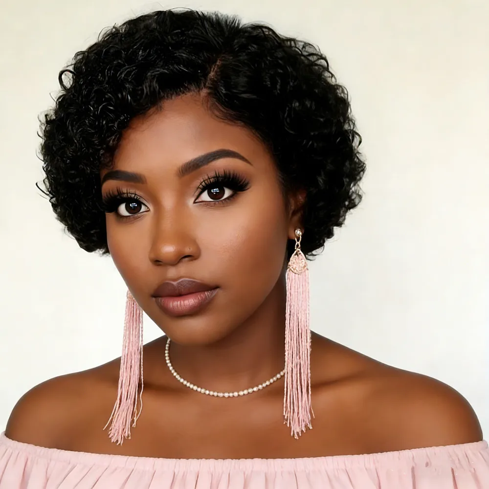 

pixie cut human hair wigs for women short curly 13x1 T part transparent lace 150% densiity 6inch natural black color