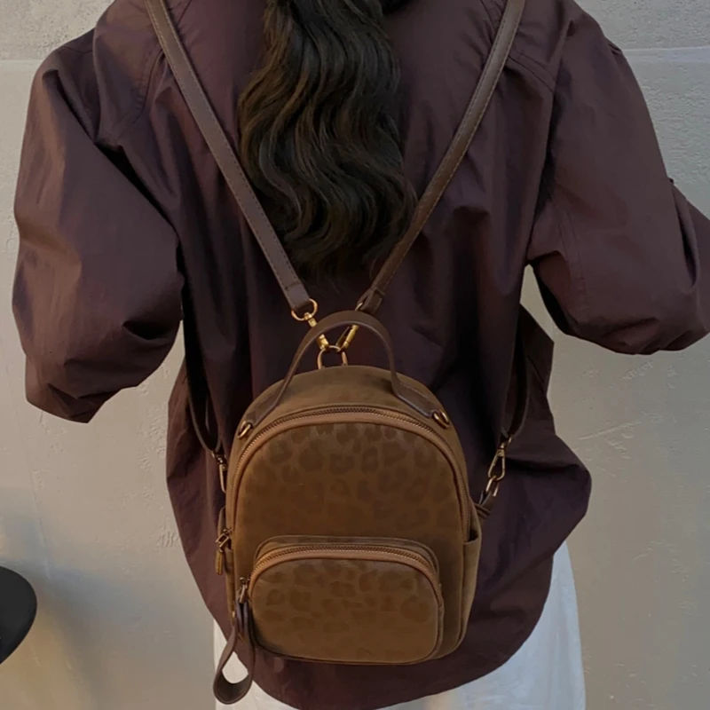 Korean Small Backpack for Women 2026 New Trendy Vintage Leopard Versatile Double Shoulder Bag Casual Simple Student Handbag