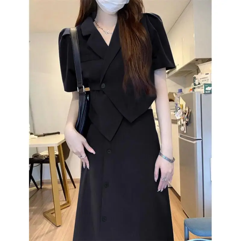 2025 Summer New Women Slim Black Blazers A-Line Skirts Two Piece Set Lady Short Sleeve Suit Jacket Skirt Outfit Fashion Clothing