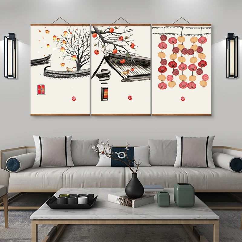 AS3071 Chinese Style Culture Persimmon Lantern Room Wall Art Canvas Posters Chinese Solid Wood Scroll Paintings