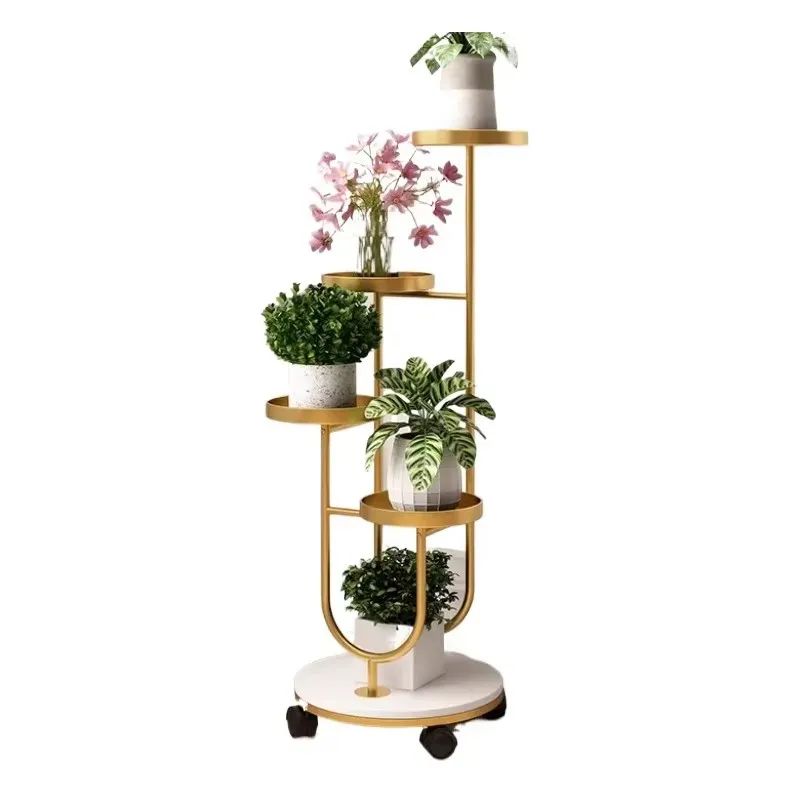 rm-High-End Steel Plant Stand with Rock Slabs Base Multi Flower Shelf Plant Holder Stylish Succulent Display Rack with Wheels-
