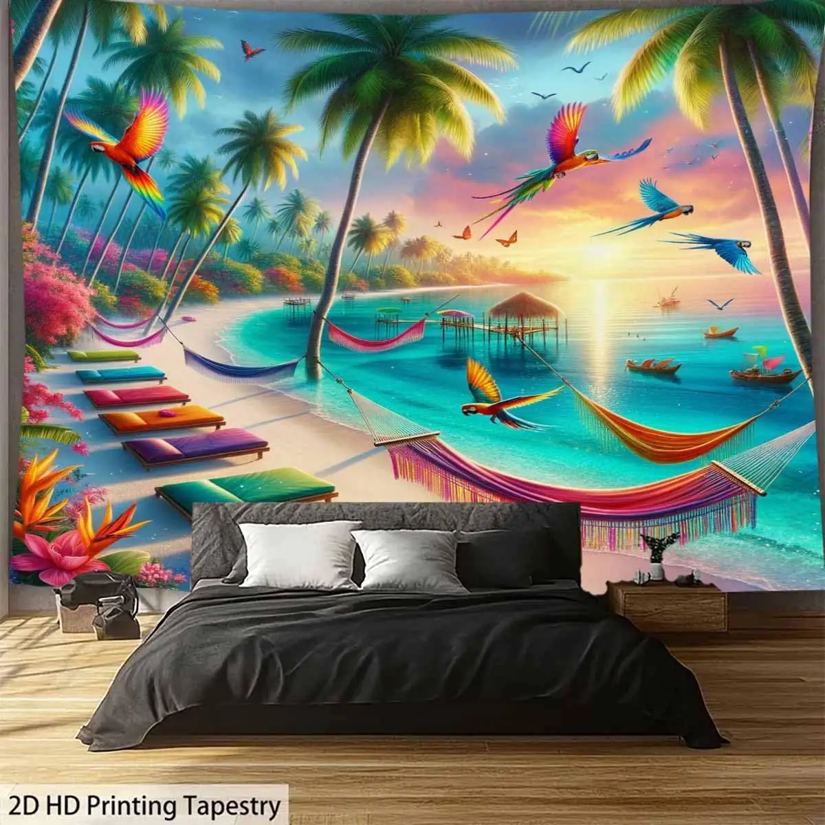 Stunning Tropical Beach Tapestry Wall Hanging Boho Paradise Macaw Palm Tree HD Print Decoration for Bedroom Living Room Jungle V