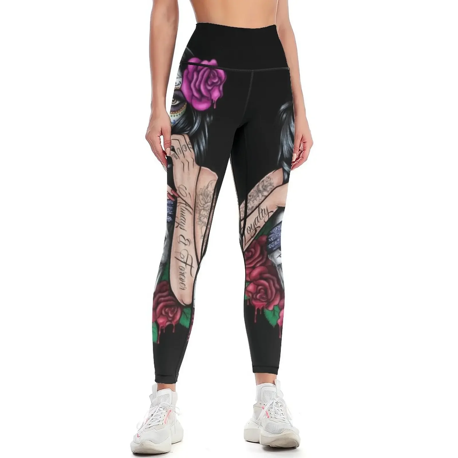

sugar skull floral Tattoo girl day of the dead Leggings gym womans for physical sport set Womens Leggings