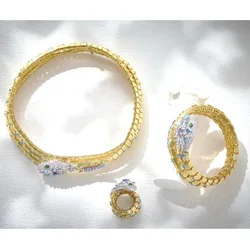 Designer Style Three Layer Earrings Ring Bracelet Necklace Inlay Colored Zircon Snake Serpent Dinner Party Choker Jewelry Set