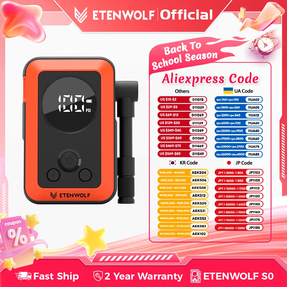 

ETENWOLF S0 Electric Bik Pump, Rapid Inflation, 150PSI 2400mAh Powerful & Portable Air Pump for Car Tires, Mmount Bikes