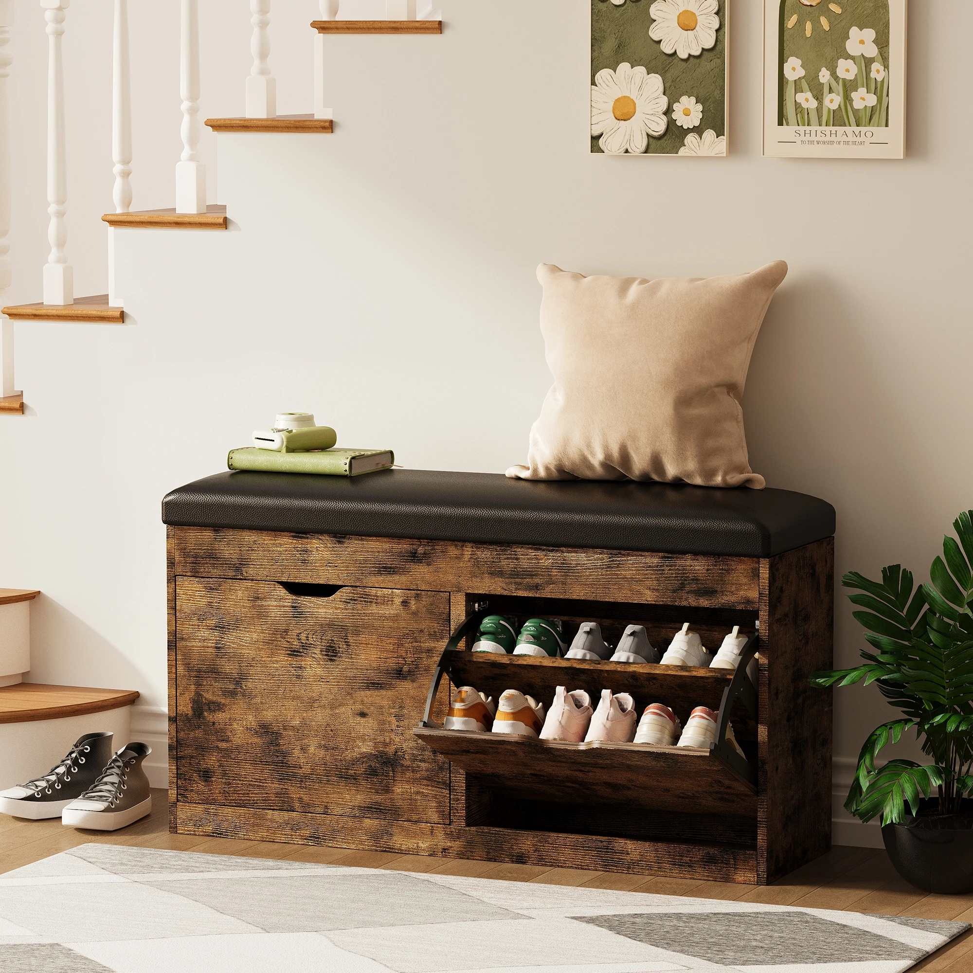 Shoe Storage Bench with Lift Top, 2 Flip Drawers & Padded Seat Cushion - Entryway, Hallway, Living Room Shoe Organizer Cabinet
