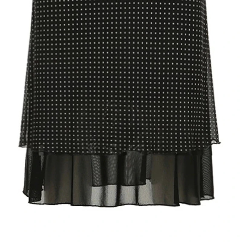 

Vintage Dot Midi Skirts for Women Fashionable Versatile Low Elastic Waist Mesh Ruffled Asymmetrical Long Skirt