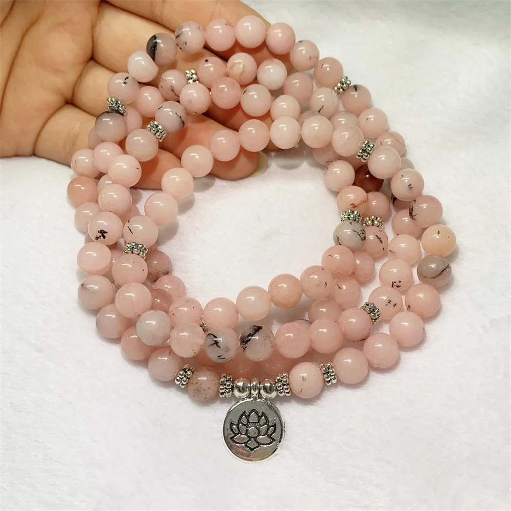 

8mm Pink Sunstone Gem 108 Bead Mala Bracelet pendant Men Link Karma Stones Wrap Artisan Gift Prayer