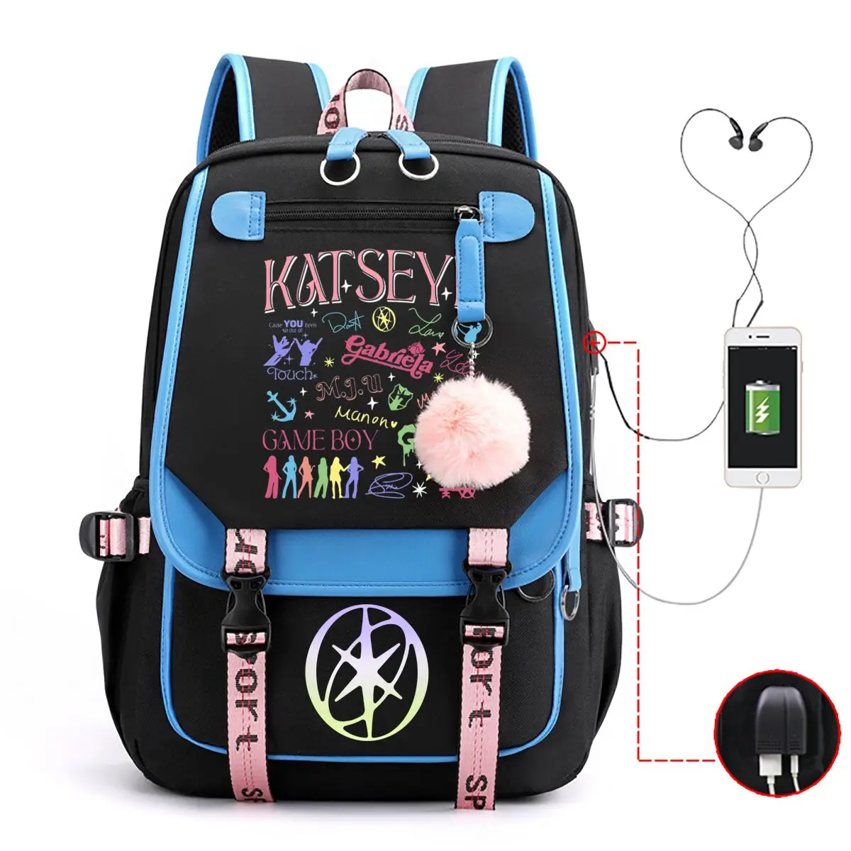 Katseye Print Color Block Backpack with External USB Port Rucksack Mochilas Large Capacity School Bag for Girls Back To School