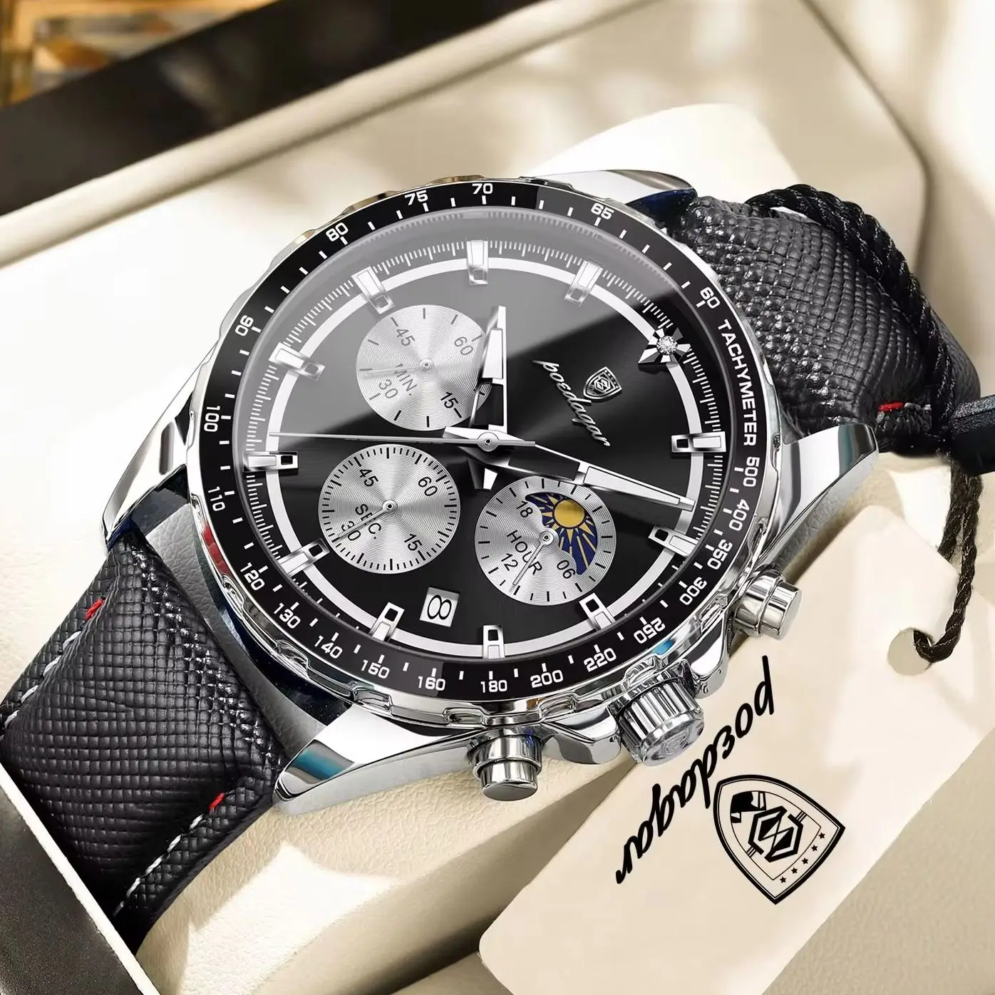 POEDAGAR Top Original Men's Watches Luminous Waterproof Fashion Male Clock Leather Chronograph Date Quartz Sports Men Wristwatch