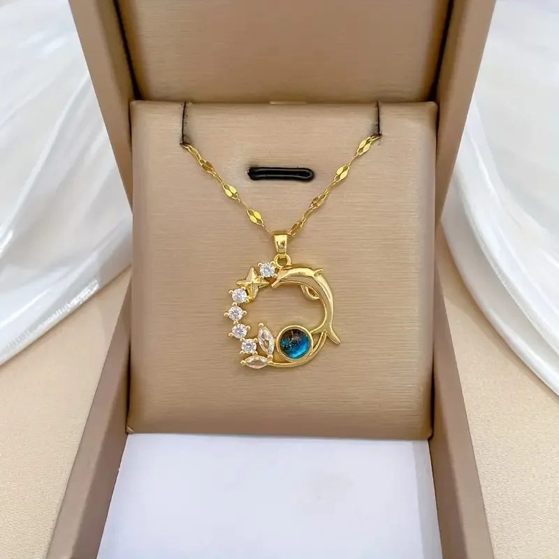 9999 gold exquisite dolphin star blue artificial zirconia pendant necklace, suitable for women's accessories, party jewelry