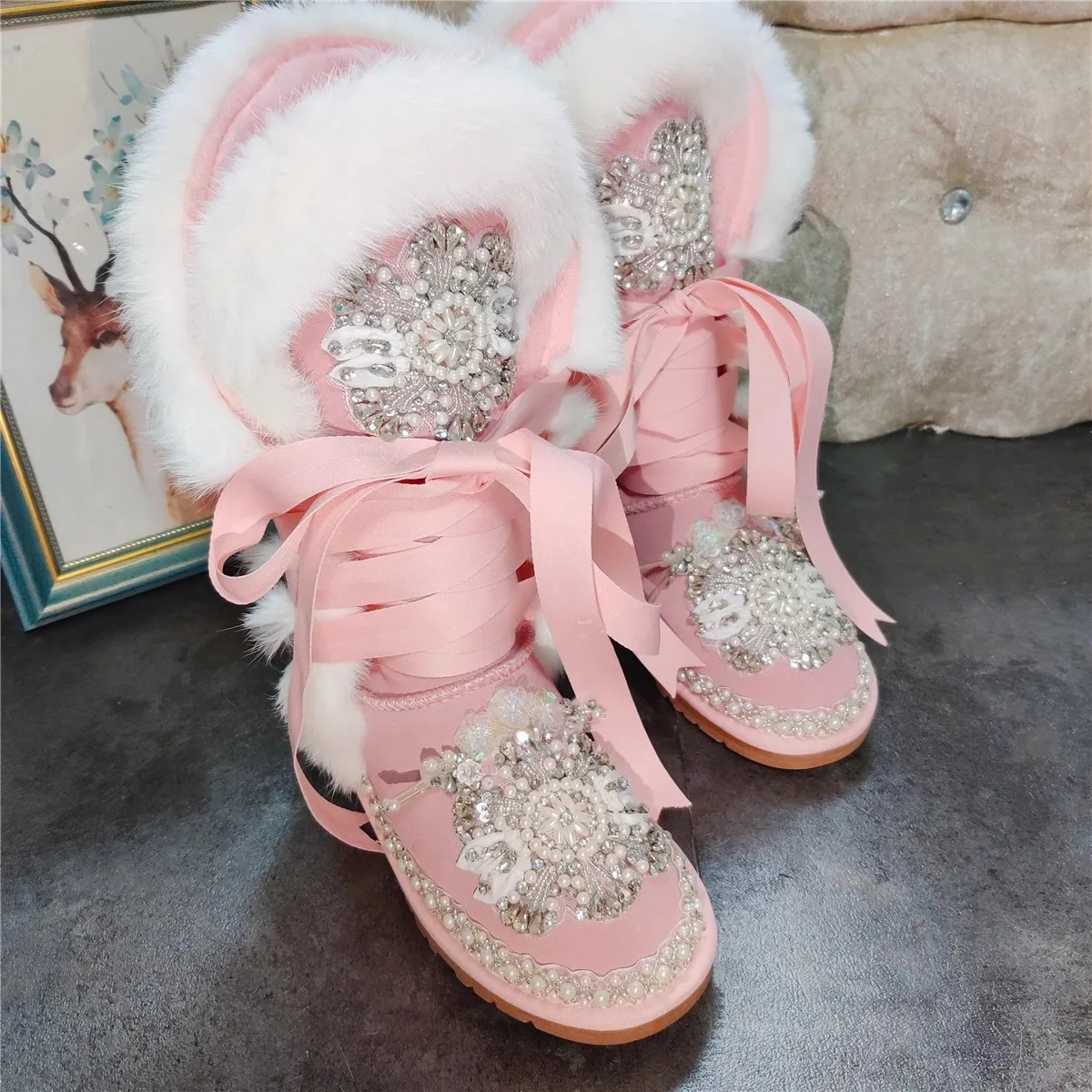 Bling Rhinestone Beading Flower Rabbit Fur Pink Lace- Up Snow Boots Thick Sole Slip On Pink Suede Warm Winter Fur Booties Woman