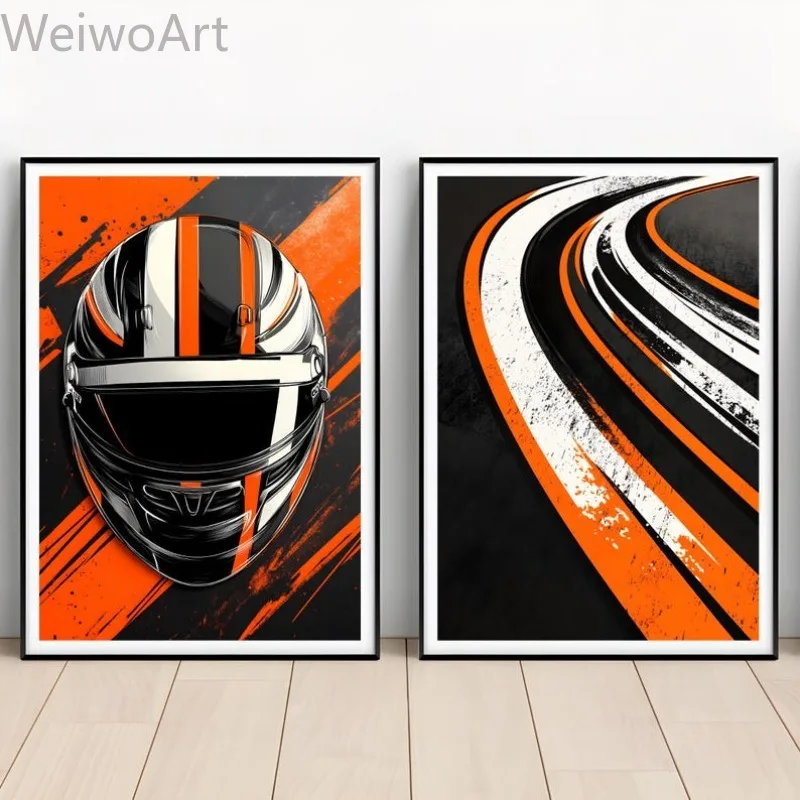 F1 Racing Car Canvas Wall Art, Helmet Track Flag Poster and Print, Motorsport Painting for Game Room Decor Gift, No Frame view 3