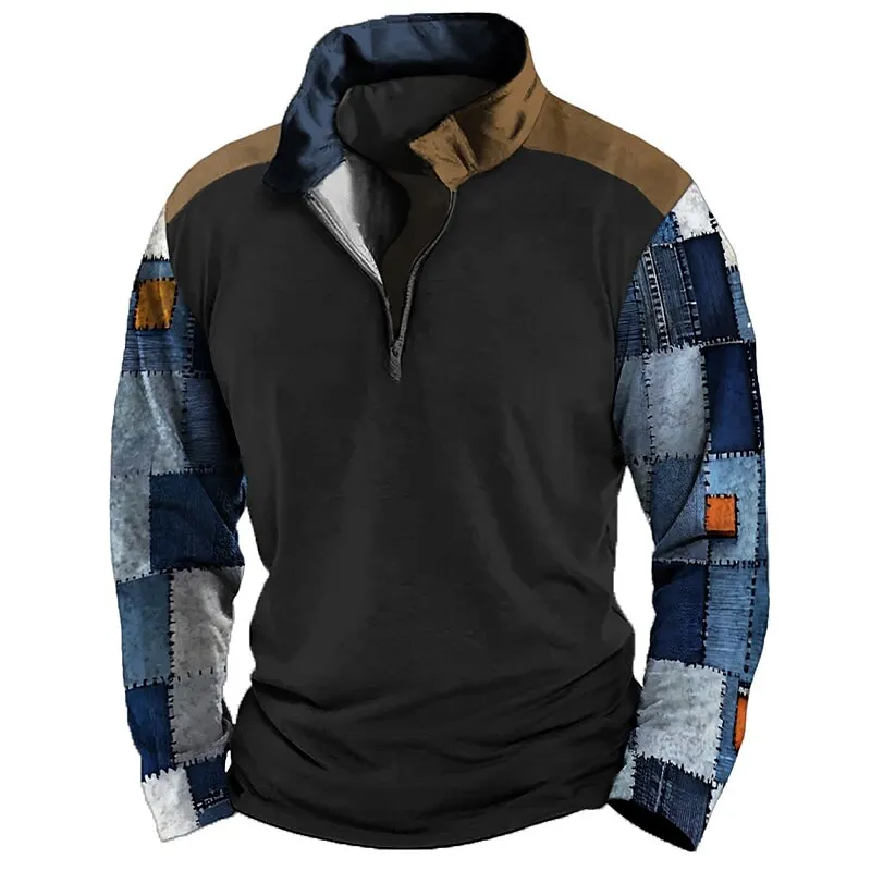 

Simple Patchwork Print Men's Tops Fashion Half Zip Long Sleeve Pullover Casual Stand Collar Sweatshirts Oversized Street Clothes
