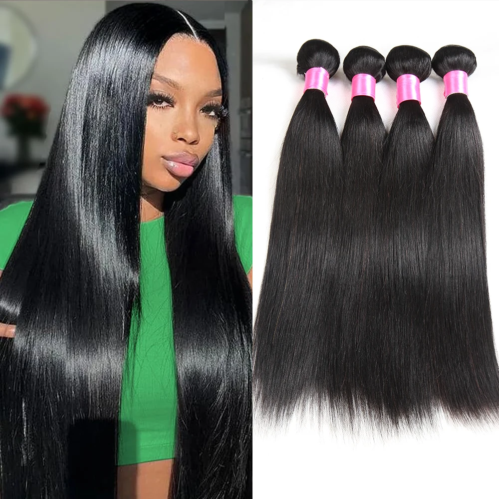 

Шелковистые прямые волосы: наборы из 1/3/4 пучков, 100% необработанные, идеально прямые, натуральные человеческие волосы Реми, натуральный черный цвет