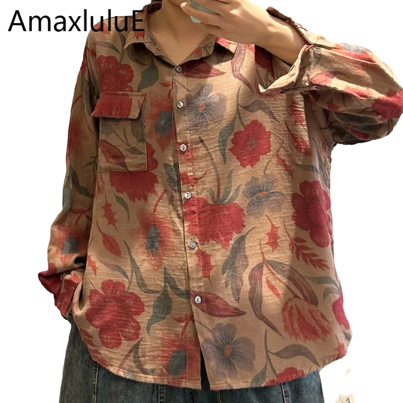 Amax LuluE Autumn 2026 Females Printed Shirts Womens Vintage Classic Luxury Loose Tops Leisure Fashion Floral Japanese Blouses