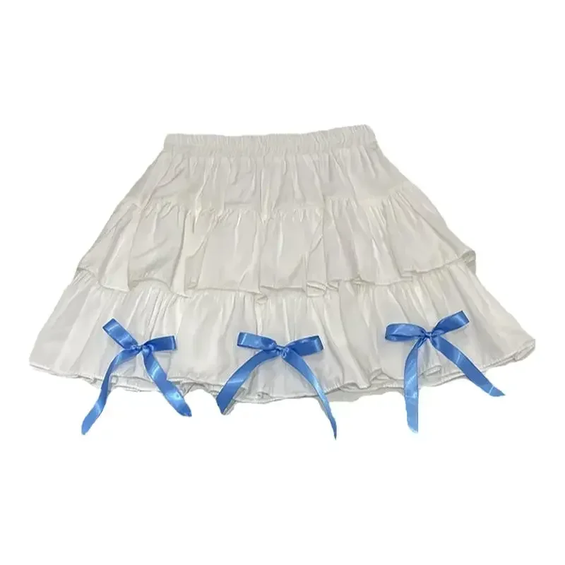 Jirai Kei Bow Ribbon Skirt Women's Summer Lotus Leaf Edge Splicing White Cake Skirts 2024 Korean Fashion High Waist Short Skirt