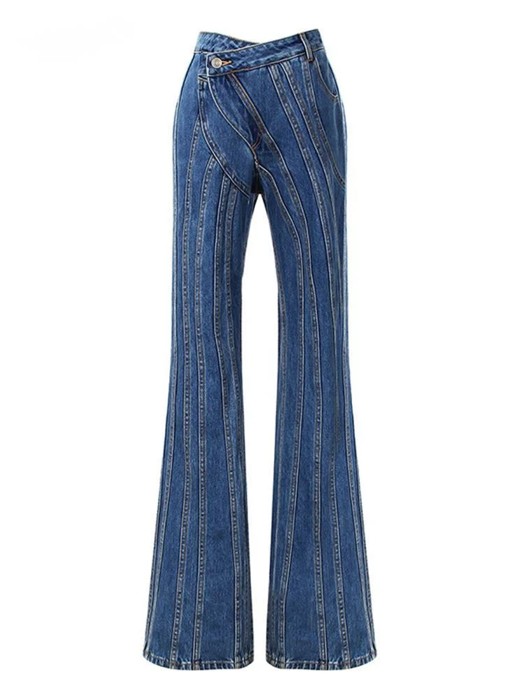 

2023 Autumn New Women's Denim Flare Pants Botton Striped Zippers Slim High Waist Irregular Jeans Fashion Female Tide O457