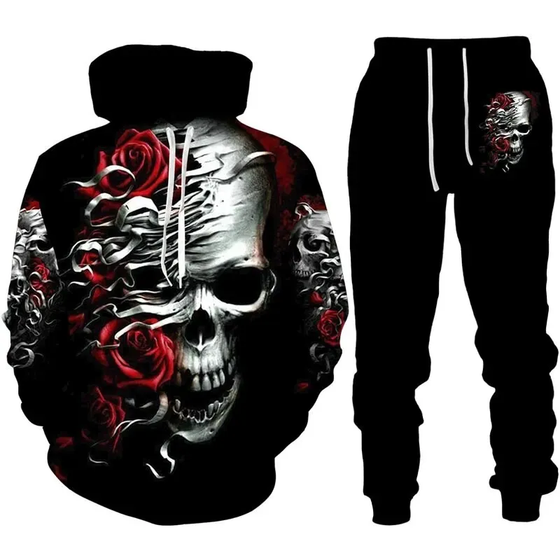 Autumn Floral Skull 3D Printed Hoodie Suit Men Sweatshirts Sweatpants Casual Fashion Two Piece Tracksuit Set Men\'s Clothing