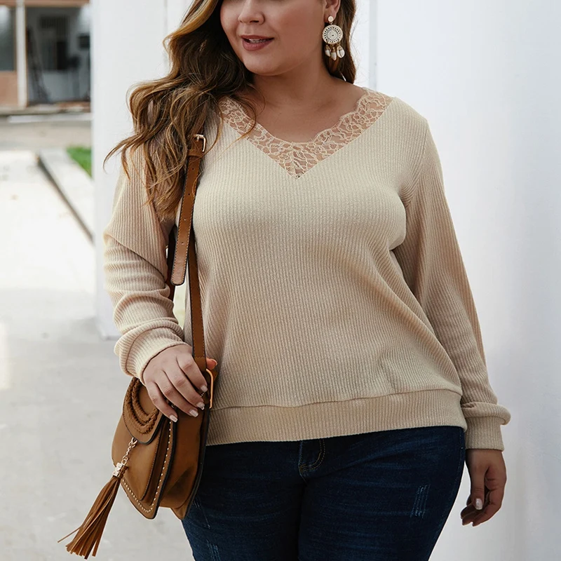 

Autumn new plus size women's fashion sexy V-neck lace stitching casual solid color knitted sweater.