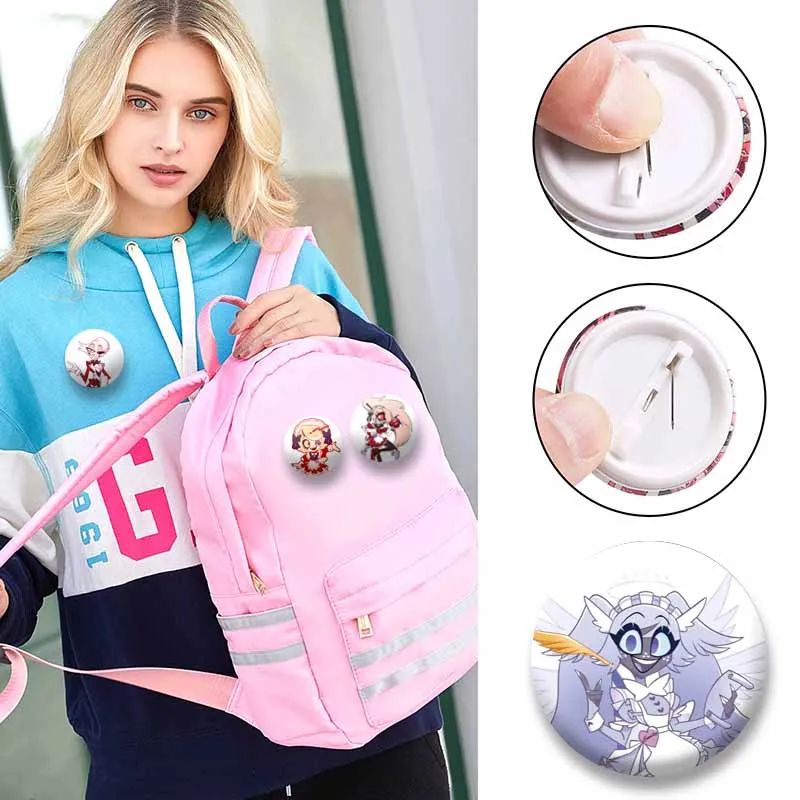 Anime H-Hazbin H-Hotel Enamel Pins Alastor Angel Dust Cosplay Badges Cartoon Round Brooches for Backpack Clothing Jewelry Gifts