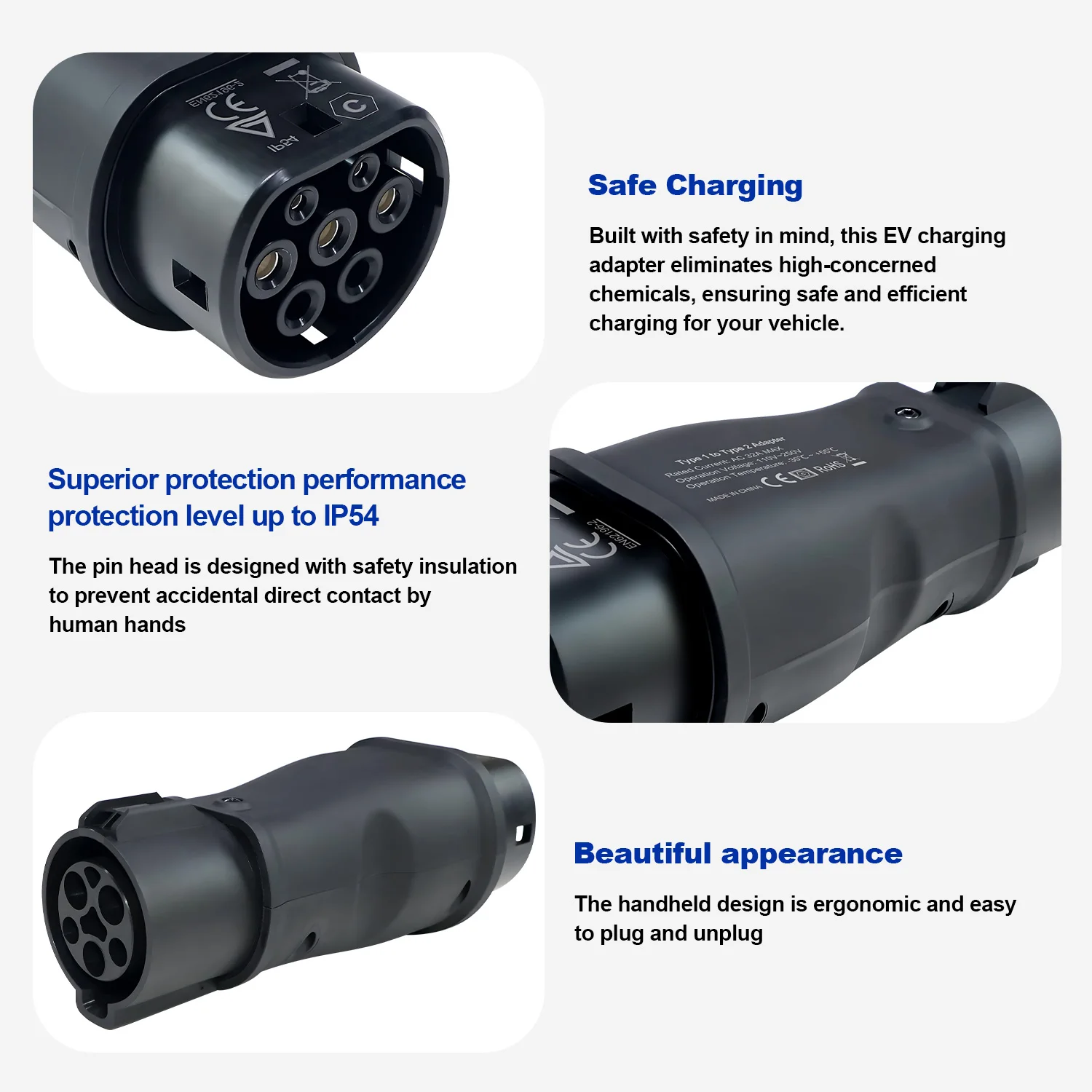 EV Charger Adapter EVSE Type1 to Type2 Electric Vehicle Car Charging Connector 16A/32A SAE j1772 to IEC62196 EV Converter