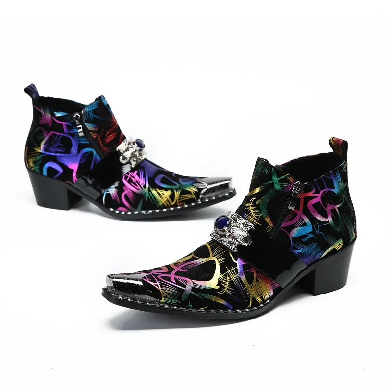 

Graffiti Print Ankle Boots for Men Metal Decor High Heels Leather Western Men's Boots Cpwboy Street Style Man Shoes High Quality