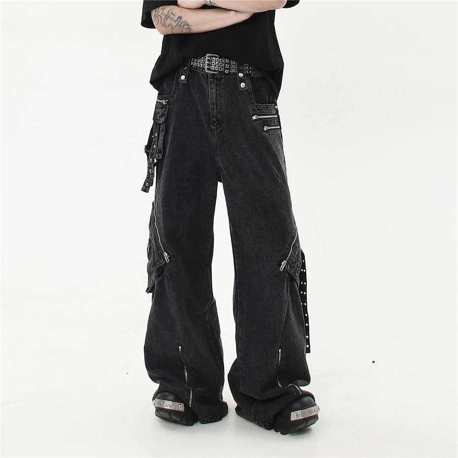 Zipper Design Jeans Mens Streetwear Punk Y2k Denim Trousers Men Harajuku Side Pockets Baggy Hip Hop Wide-leg Pants Male
