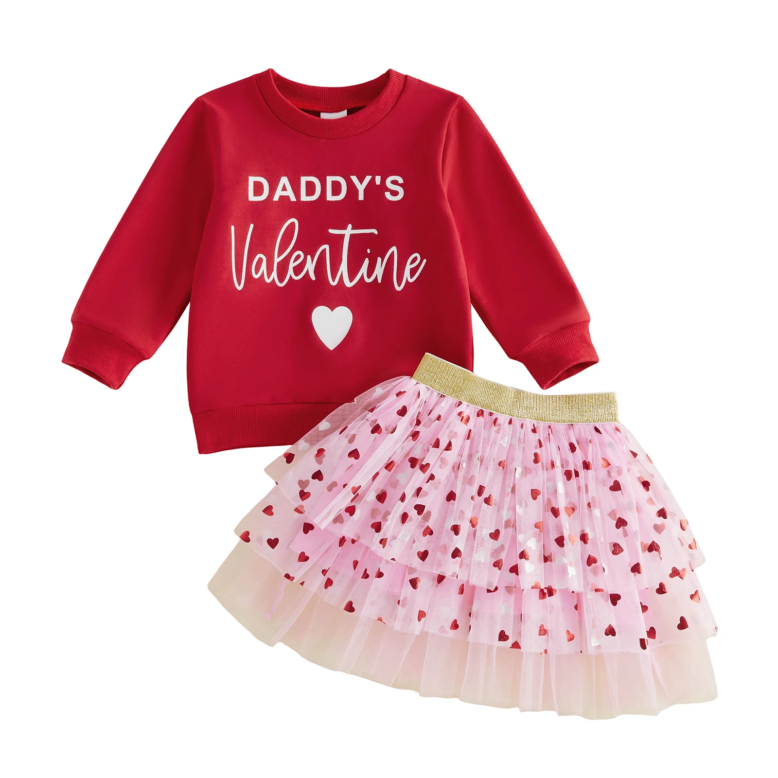 Toddler Baby Girl Valentines Outfit Long Sleeve Sweatshirt with Tulle Skirt