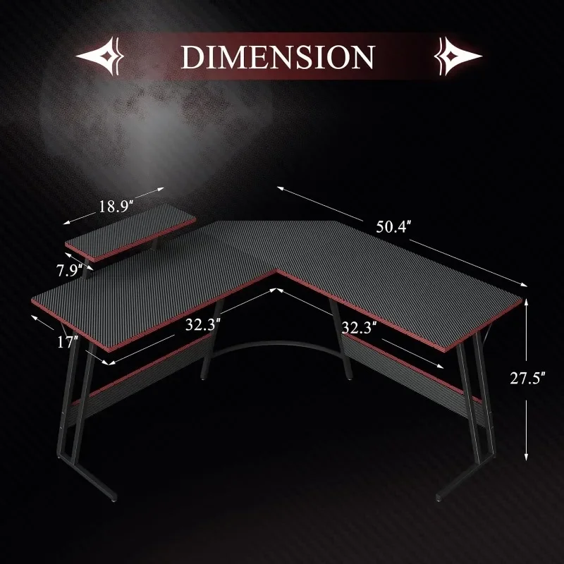 Bureau de jeu en forme de L, table d'angle pour ordinateur de 51 pouces avec grand support de moniteur et surface en fibre de carbone pour bureau à domicile et étude