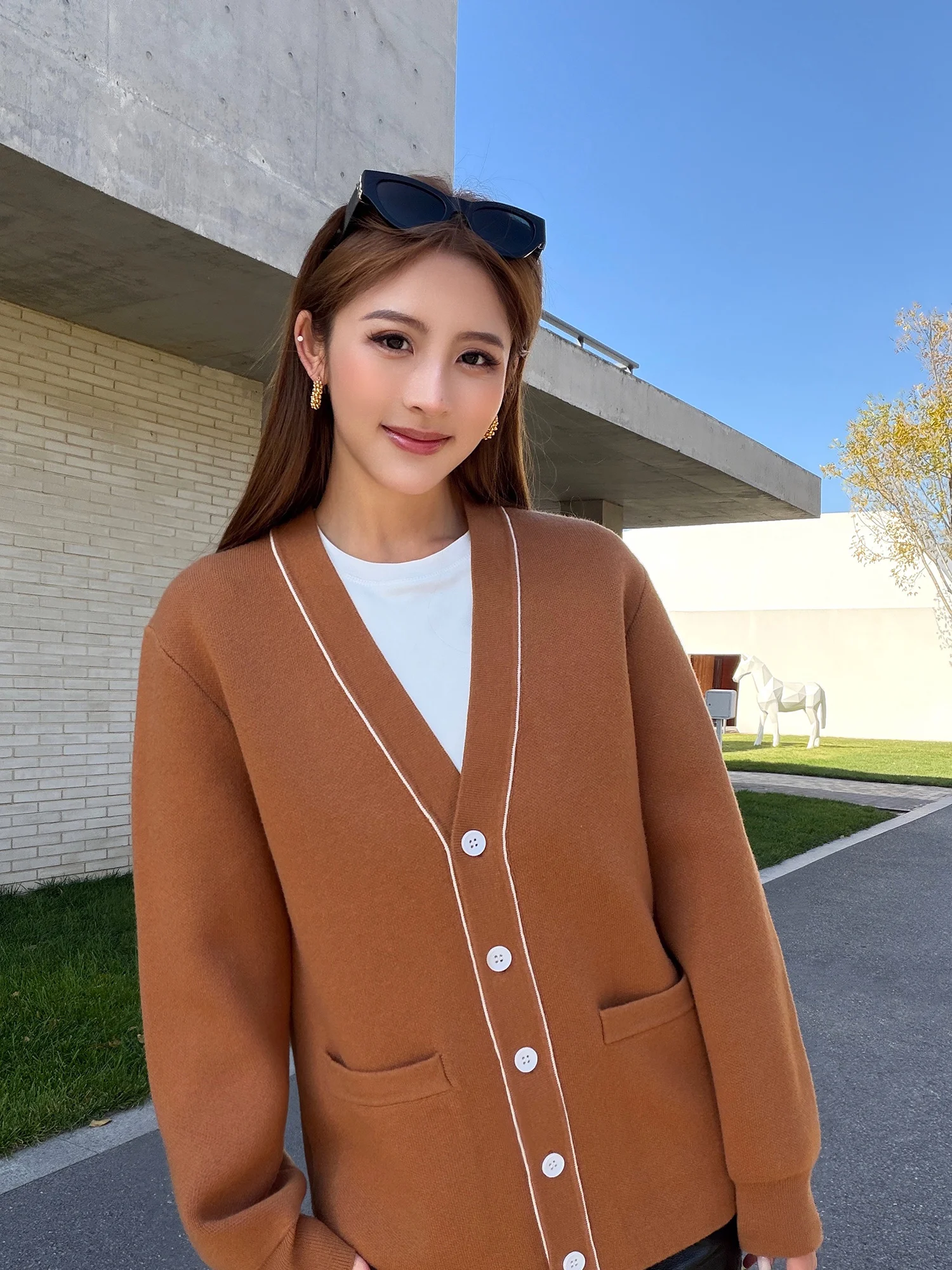 

NEVA HU Casual Loose Knitted Sweater Coat Women's V-ne Color Blo Leisure Long Sve Cardigan Girl's Winter Faion