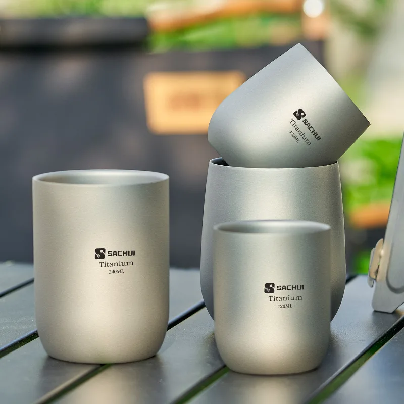Double Layer Titanium Cup Handleless Outdoor Picnic Coffee Cup Ultralight Camping Portable Pure Titanium Tea Cup Office Mug