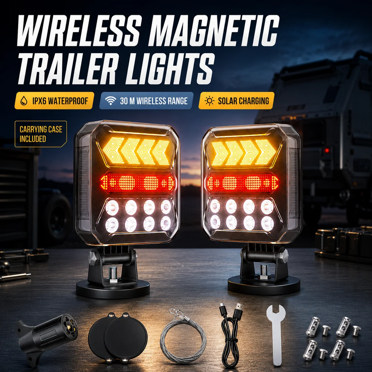 Wireless Magnetic Trailer Tail Lights for Trucks RVs, USB & Solar Rechargeable, 2.4GHz Remote, IPX6 Waterproof, 180° Adjustable