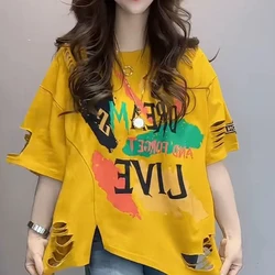 Fashion O-Neck Printed Letter Hole Irregular T-Shirts Female Clothing Summer New Loose Casual Tops Asymmetrical Tee Shirt