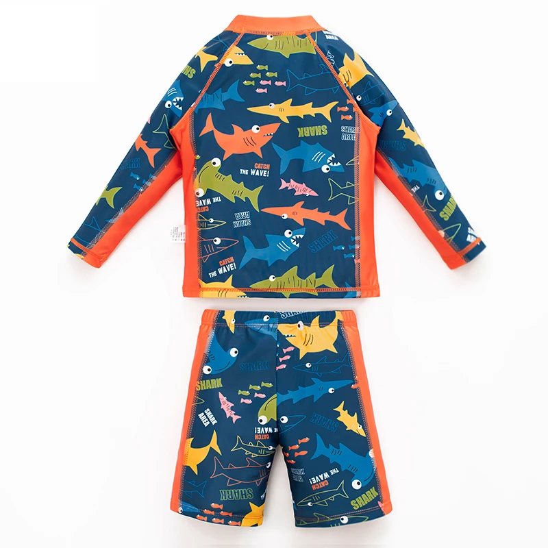 Baby Swimsuit Boy Shark Cartoon Pattern Printing 3 Piece Set Swimwear Sunscreen Drawstring Belt Trousers Long Sleeved Swimsuit