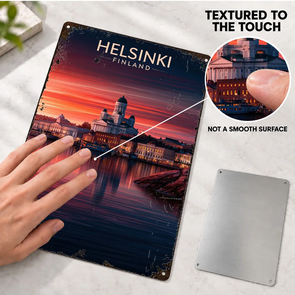 Helsinki Finland Sunset Aluminum Poster Bold Contemporary Illustration Bedroom Wall Art Personalized Metal Sign Collector Gift