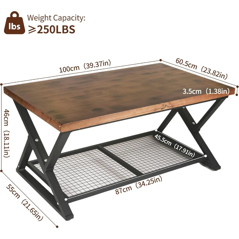 طاولات القهوة الحديثة، 39.37 Dx 23.62 Wx 18.11 H، طاولة القهوة الخشبية للمزرعة الريفية لغرفة المعيشة، مركز من طبقتين