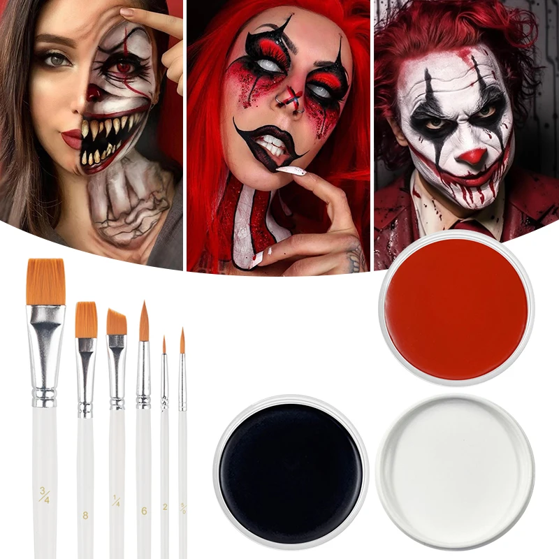 

30 г черная, белая, красная монохромная краска для тела, косплей, паста для лица, водостойкая краска для Хэллоуина, набор красок для тела с кисточками