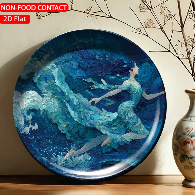 1pc Ceramic Decorative Plate, Blue Mermaid Surge Art Decorations, Wall Home Decor- for Decorative Purposes Solely, NON-FOOD