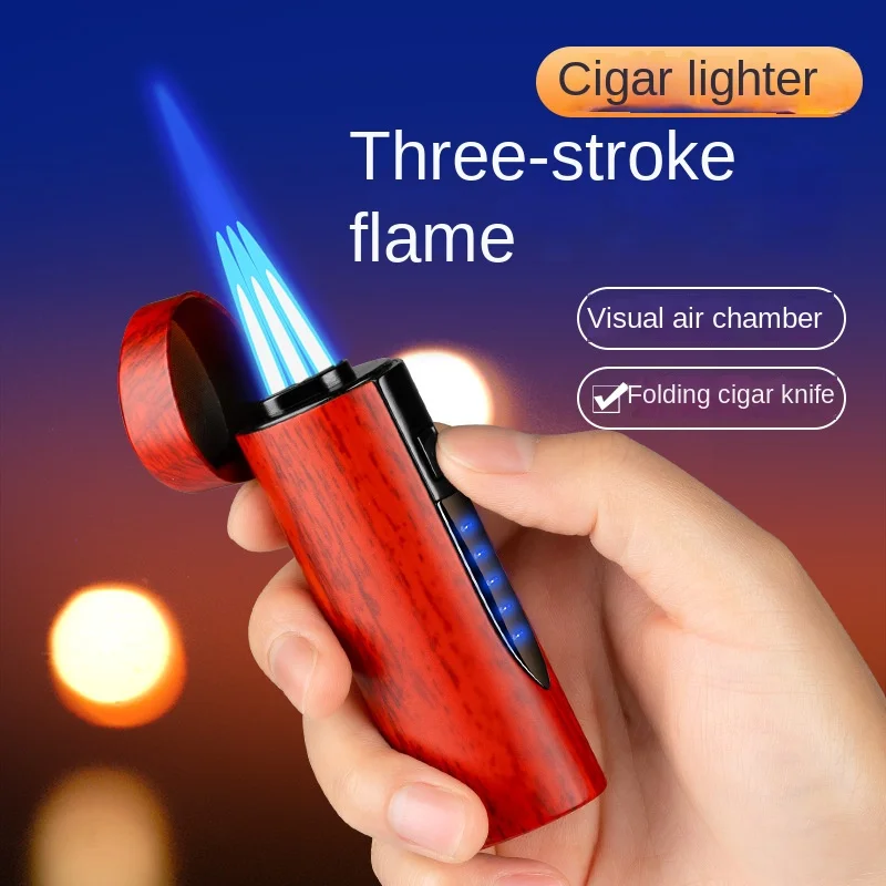 

Cigar lighter Three-punch high-firepower direct lighter with cigar cutter visual window Metal gas lighter