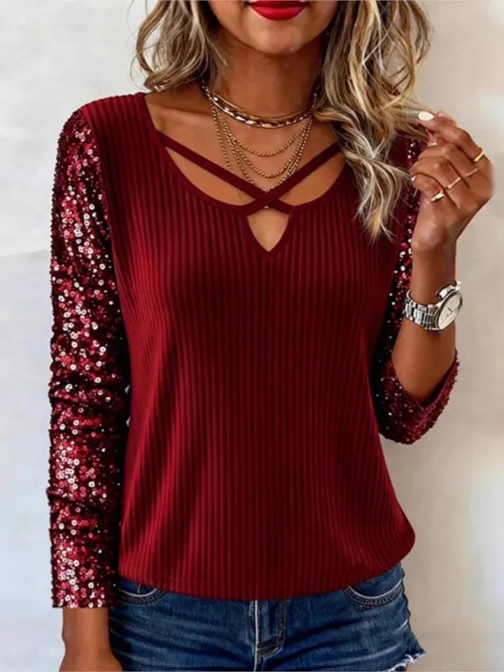 

2026 Fashion Sequined Patchwork Long-sleeved Women's T Shirt For Spring Autumn Casual Relaxed Cross V Neck Female Versatile Tops