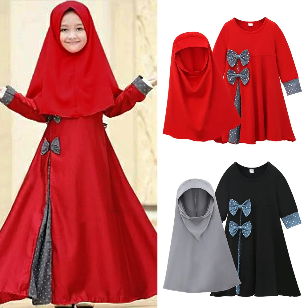 Traditional Muslim Kids Girls Abaya Hijab Maxi Dress Set Islamic Arab Robe Kaftan Prayer Headscarf Turkey Dubai Jalabiya Clothes