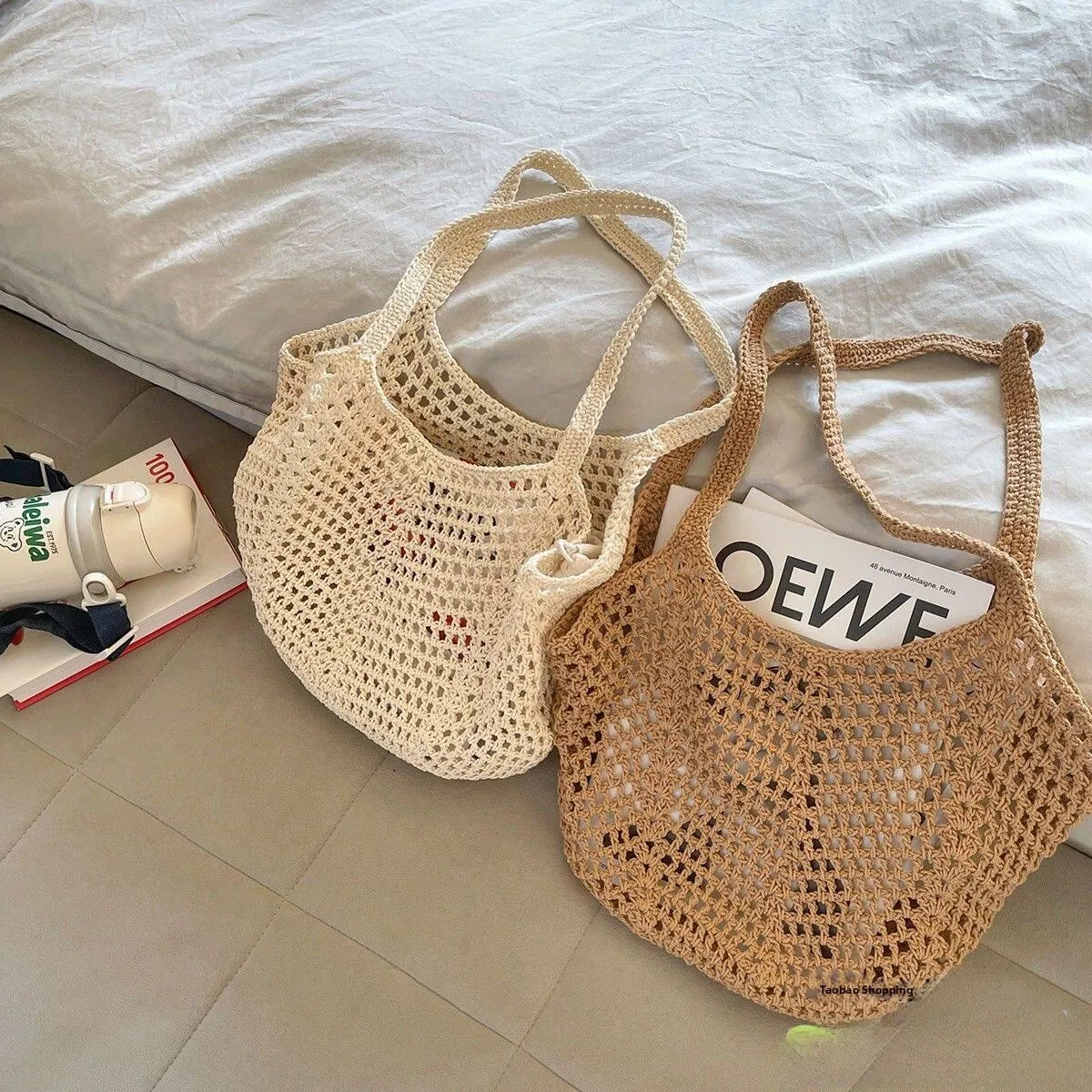 

Casual Cotton Yarn Woven Bag Hollow out Straw Basket Shoulder Beach Vacation Women's Bag Lazy Style Korean Trend Handbag